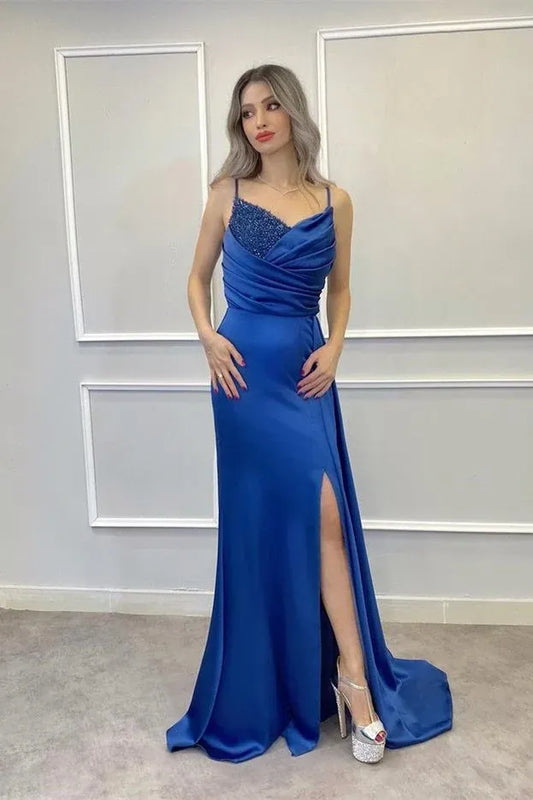 Luxury Mermaid/Trumpet Spaghetti-Straps Sleeveless Satin Sweep/Brush Train Prom Dress