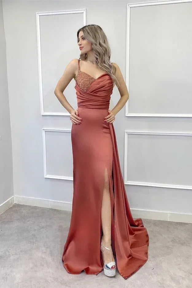Luxury Mermaid/Trumpet Spaghetti-Straps Sleeveless Satin Sweep/Brush Train Prom Dress