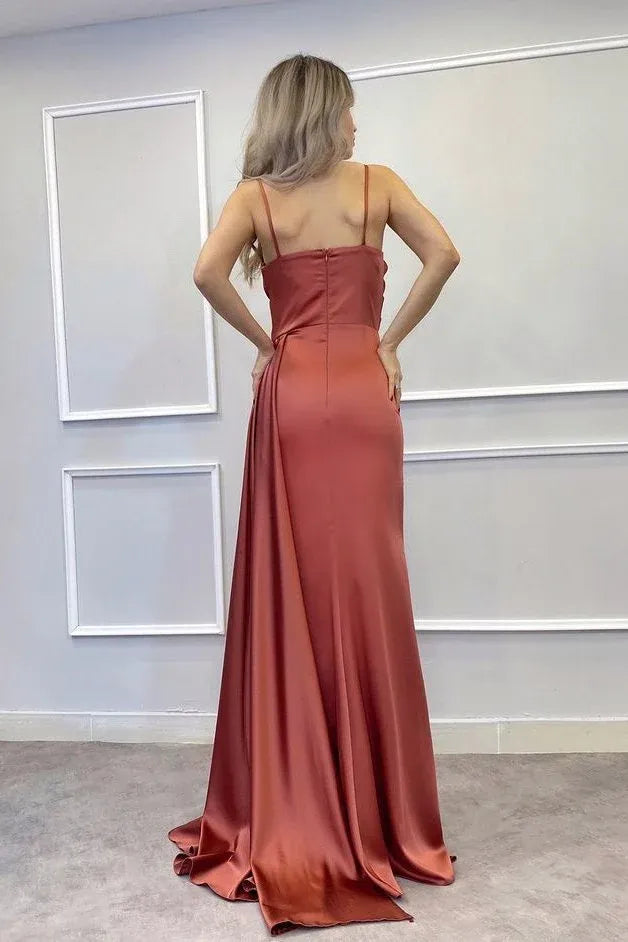 Luxury Mermaid/Trumpet Spaghetti-Straps Sleeveless Satin Sweep/Brush Train Prom Dress