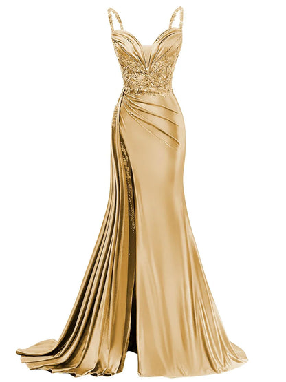 Luxury Mermaid V Neck Sleeveless Back Zip SweepBrush Train Side Slit prom dress for women