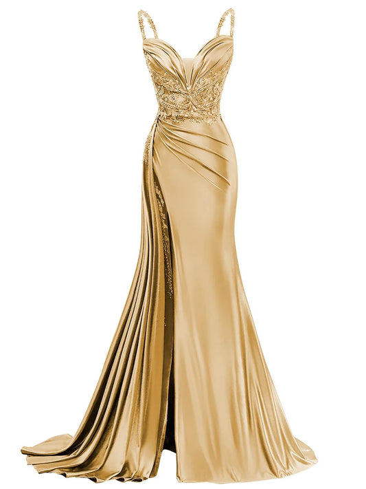 Luxury Mermaid V Neck Sleeveless Back Zip SweepBrush Train Side Slit prom dress for women