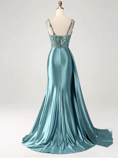 Luxury Mermaid V Neck Sleeveless Back Zip SweepBrush Train Side Slit prom dress for women