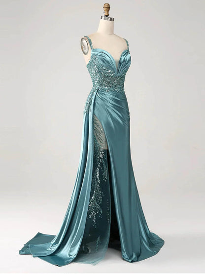 Luxury Mermaid V Neck Sleeveless Back Zip SweepBrush Train Side Slit prom dress for women