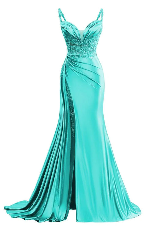 Luxury Mermaid V Neck Sleeveless Crisscross Back SweepBrush Train prom dress for women