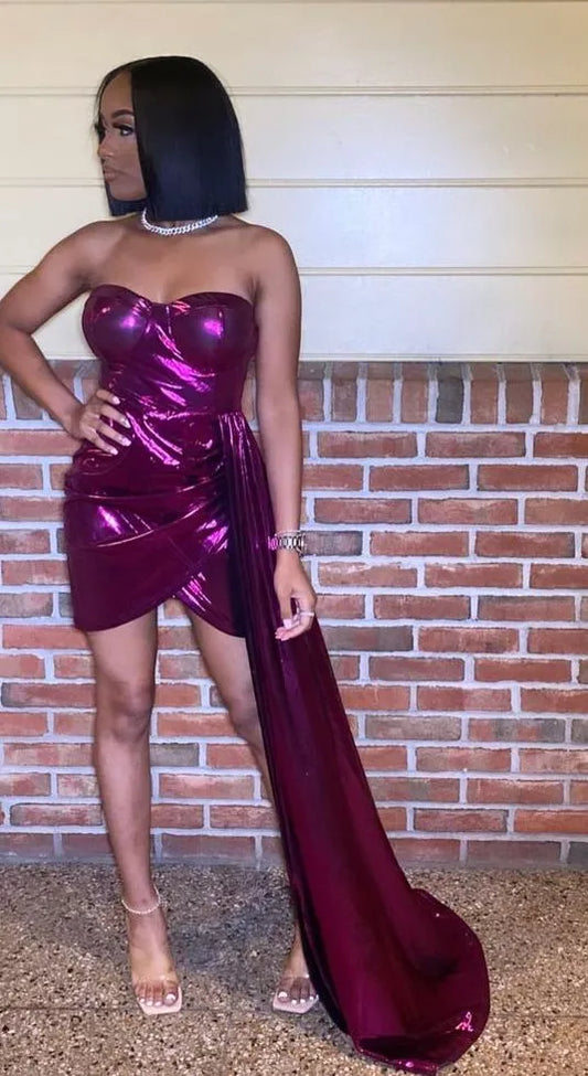 Luxury Sheath/Column Strapless Sleeveless Metallic Pleated Short Mini Homecoming Dress
