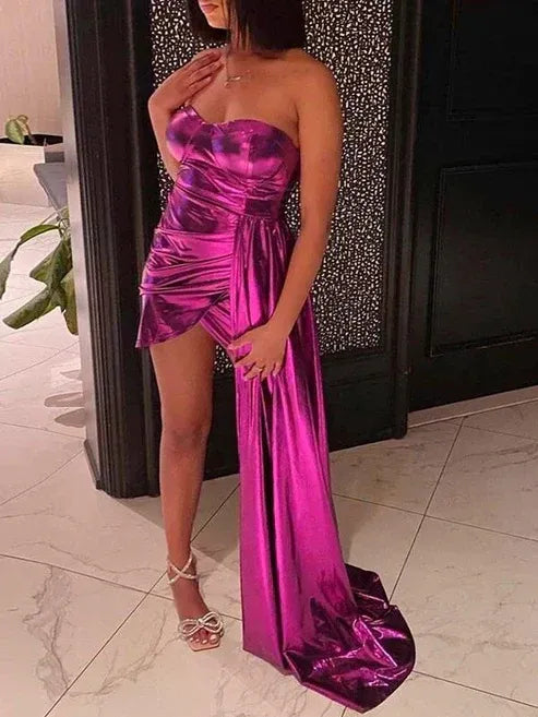 Luxury Sheath/Column Strapless Sleeveless Metallic Pleated Short Mini Homecoming Dress