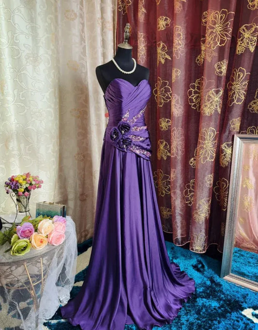 Luxury Strapless Ruched Floral Beaded Satin Train Party Gown