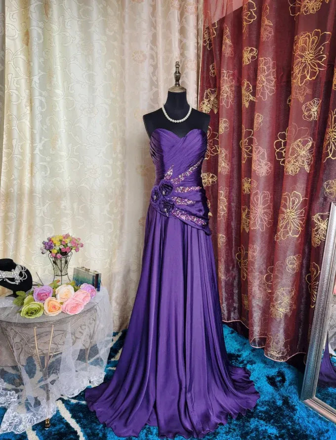 Luxury Strapless Ruched Floral Beaded Satin Train Party Gown