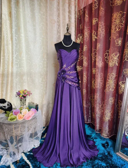 Luxury Strapless Ruched Floral Beaded Satin Train Party Gown