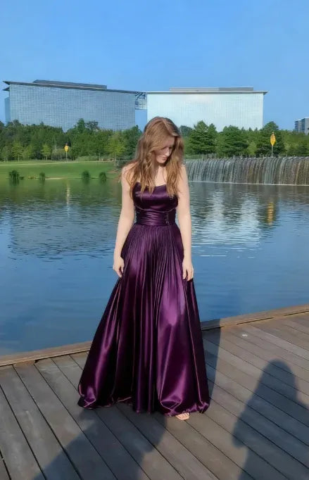 Luxury Strapless Sleeveless A-line Satin Pleated Floor-Length Prom Dress