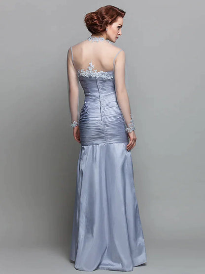 Mother of the Bride Dress Wrap Included Strapless Floor Length Lace Taffeta Long Sleeve with Ruched Beading Appliques
