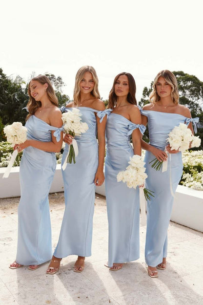 Romantic Off-Shoulder Sheath Pleated Satin Light Blue Bridesmaid Dress