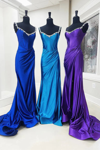 Mermaid Beaded Off the Shoulder Purple Prom Formal Dress with Slit