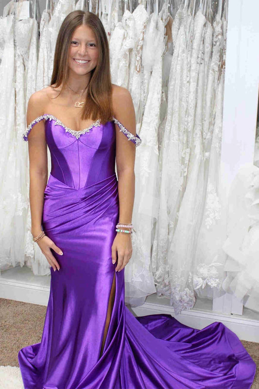 Mermaid Beaded Off the Shoulder Purple Prom Formal Dress with Slit