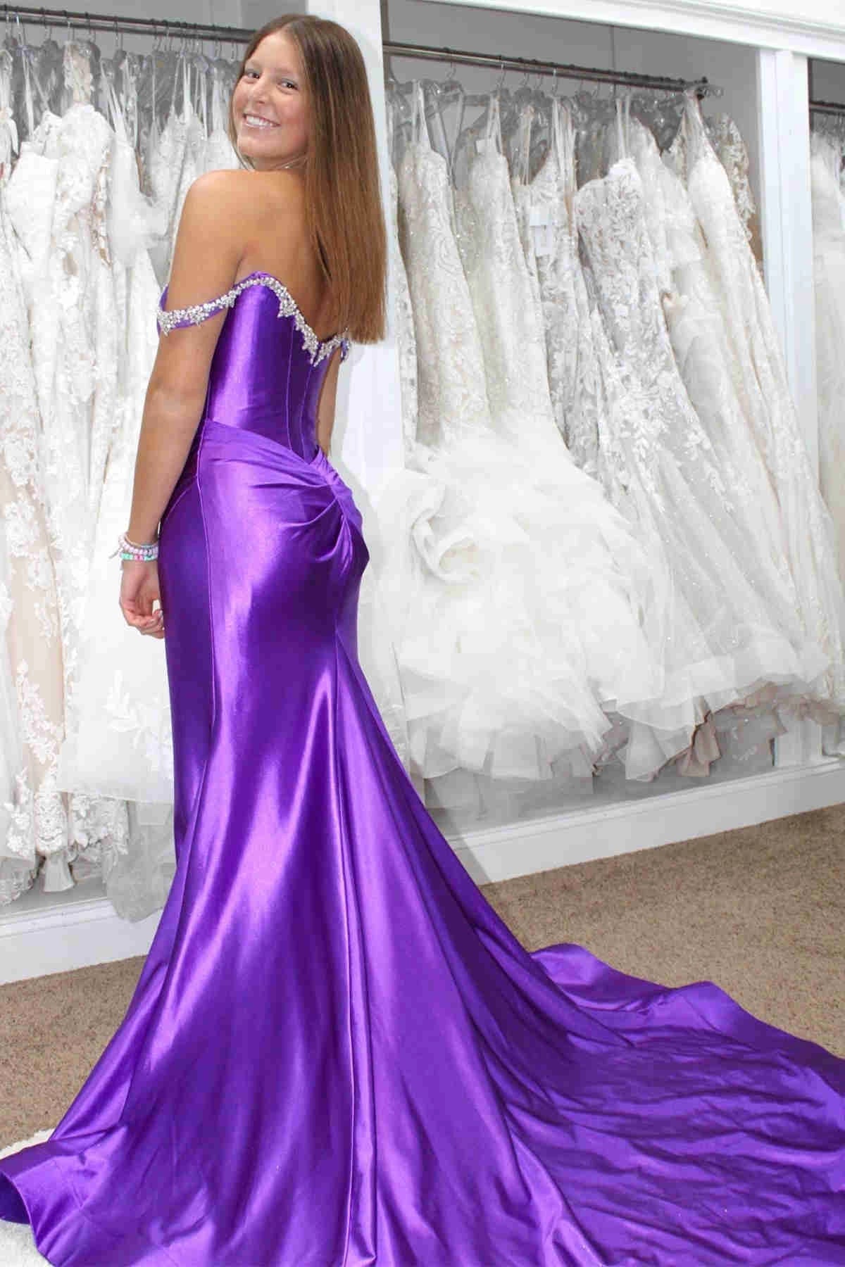 Mermaid Beaded Off the Shoulder Purple Prom Formal Dress with Slit