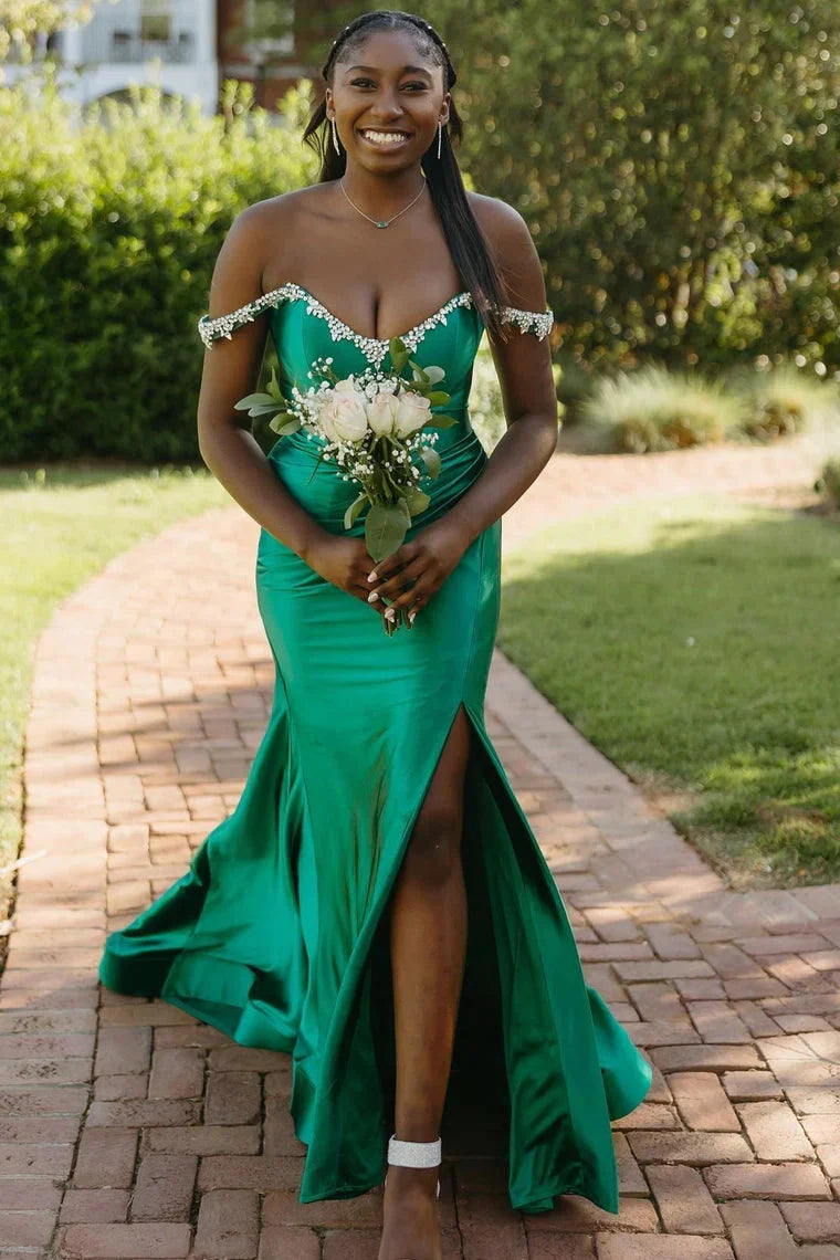 Mermaid Beaded Off the Shoulder Purple Prom Formal Dress with Slit