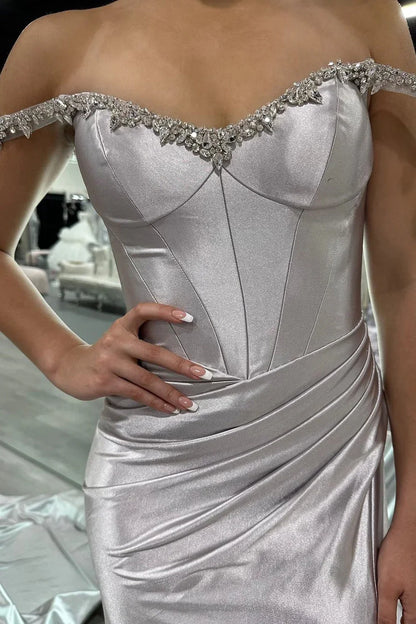 Mermaid Beaded Off the Shoulder Purple Prom Formal Dress with Slit
