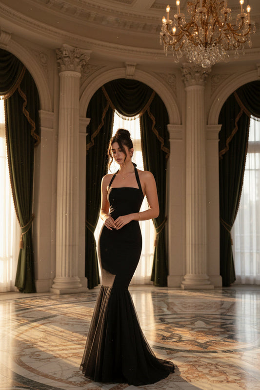 Mermaid Halter Neck Bodycon Open Back Tulle Black Floor-Length Prom Dress Custom