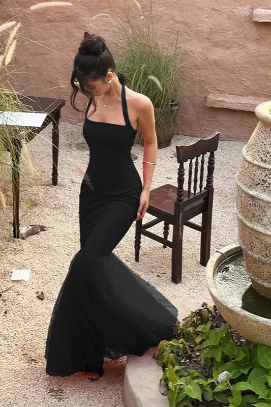 Mermaid Halter Neck Bodycon Open Back Tulle Black Floor-Length Prom Dress Custom