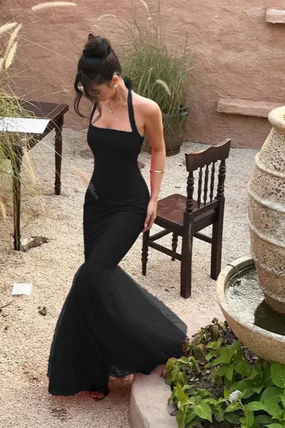 Mermaid Halter Neck Bodycon Open Back Tulle Black Floor-Length Prom Dress Custom
