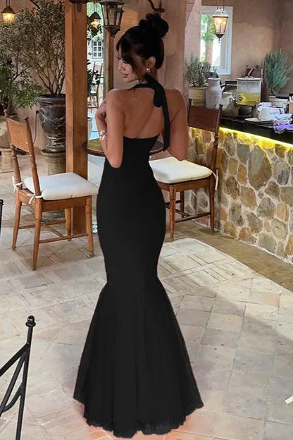 Mermaid Halter Neck Bodycon Open Back Tulle Black Floor-Length Prom Dress Custom