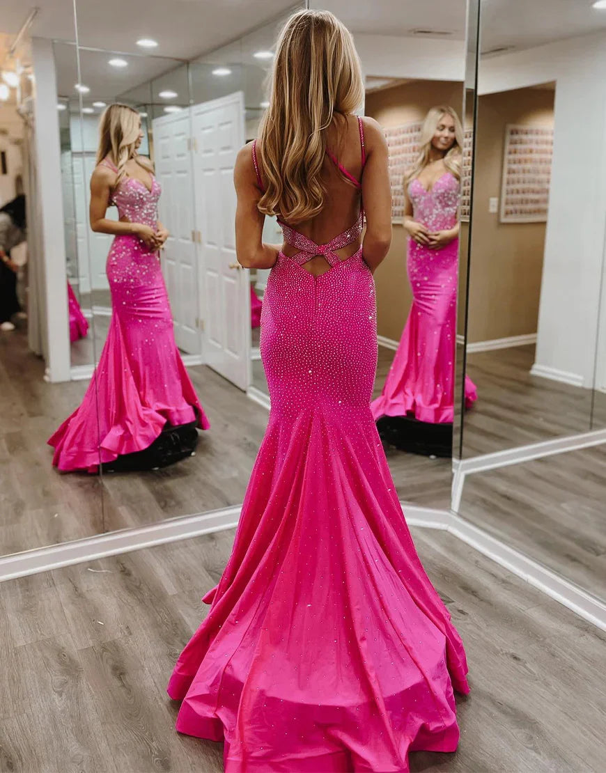Mermaid Hot Pink Beaded Prom Dress
