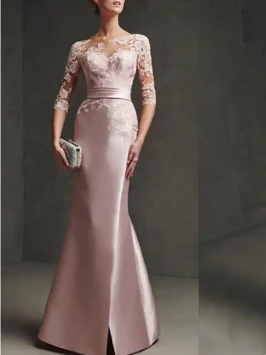 Mermaid Mother of the Bride Dress Formal Formal Evening Elegant Party Scoop Neck Floor Length Satin Lace 34 Length Sleeve with Pleats Split Front