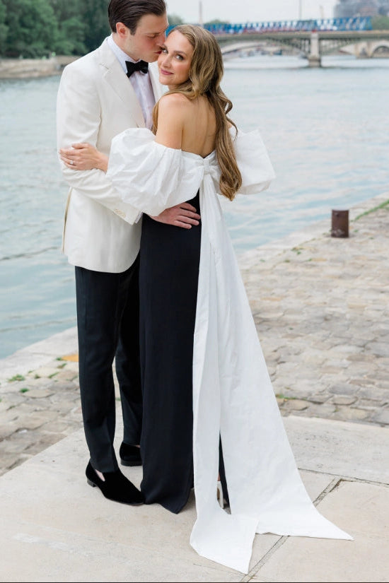 Mermaid Off-Shoulder Bow Black White Floor-Length Prom Dress With Detachable Puff Sleeves
