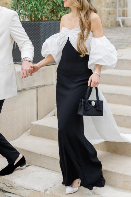 Mermaid Off-Shoulder Bow Black White Floor-Length Prom Dress With Detachable Puff Sleeves