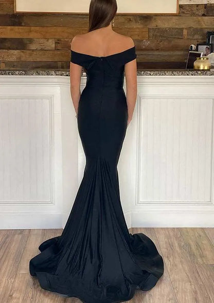 Mermaid Off-the-Shoulder Sleeveless Satin Black Floor-Length Evening Dress For Women