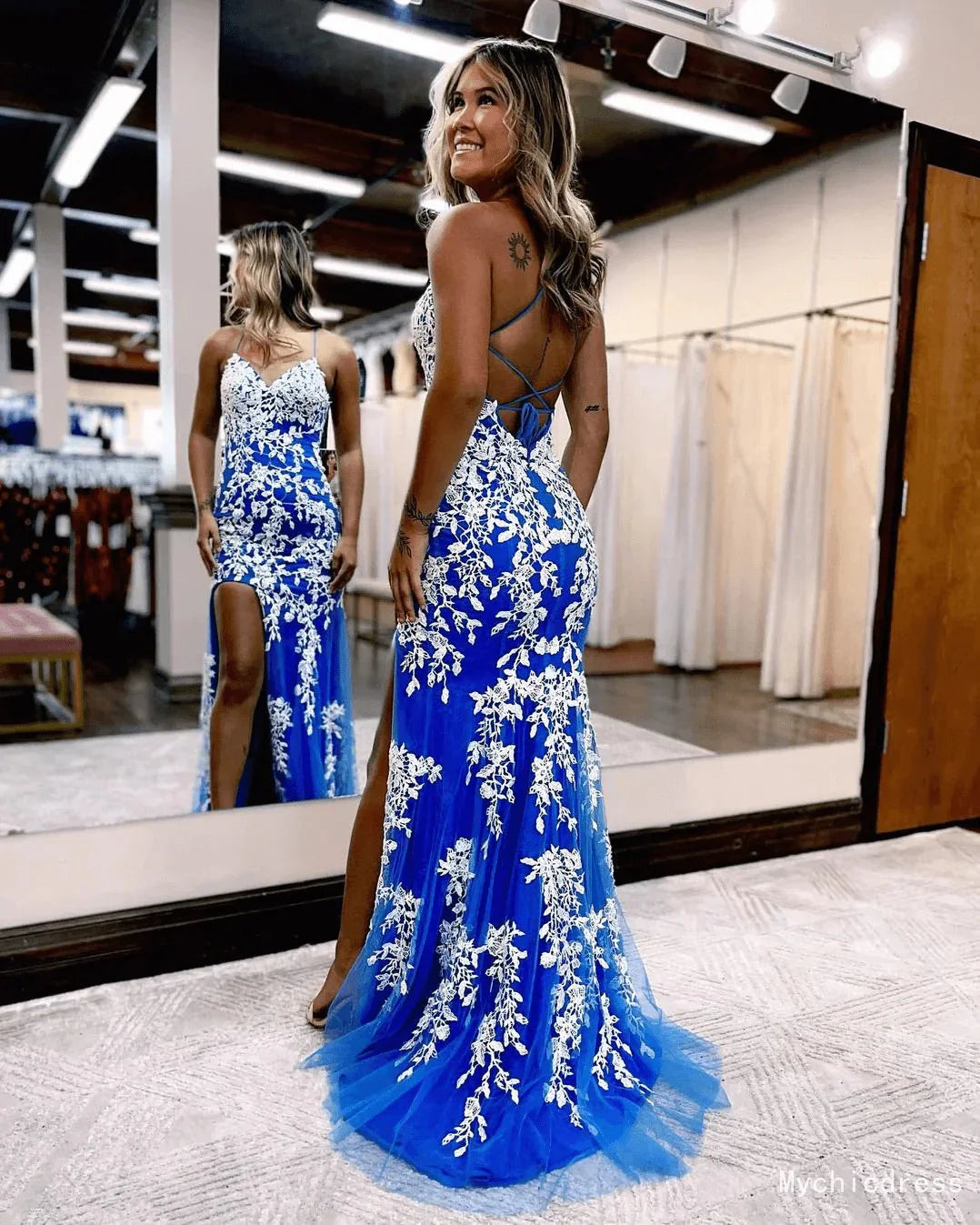 Mermaid Royal Blue Prom Dresses White Lace Applique with Spaghetti Straps