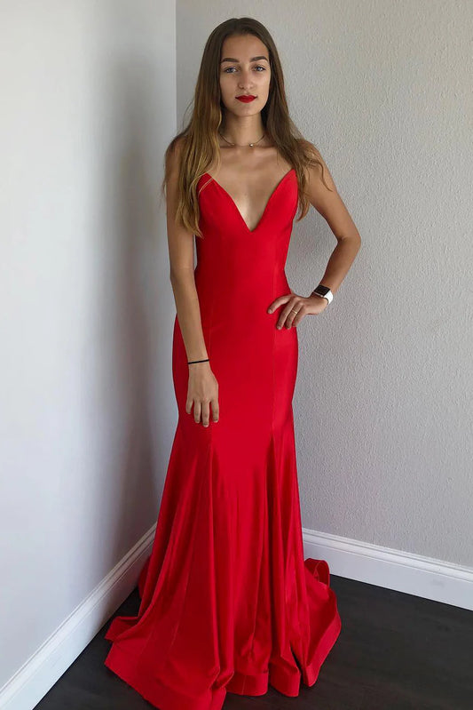 Mermaid Satin Long Red Prom Dress with Lace-up Back/Formal Women's Dresses