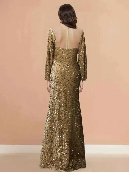 Mermaid Scoop Neck Long Sleeve Floor Length Mother Of Bride Evening Dresses with Ruched Slit