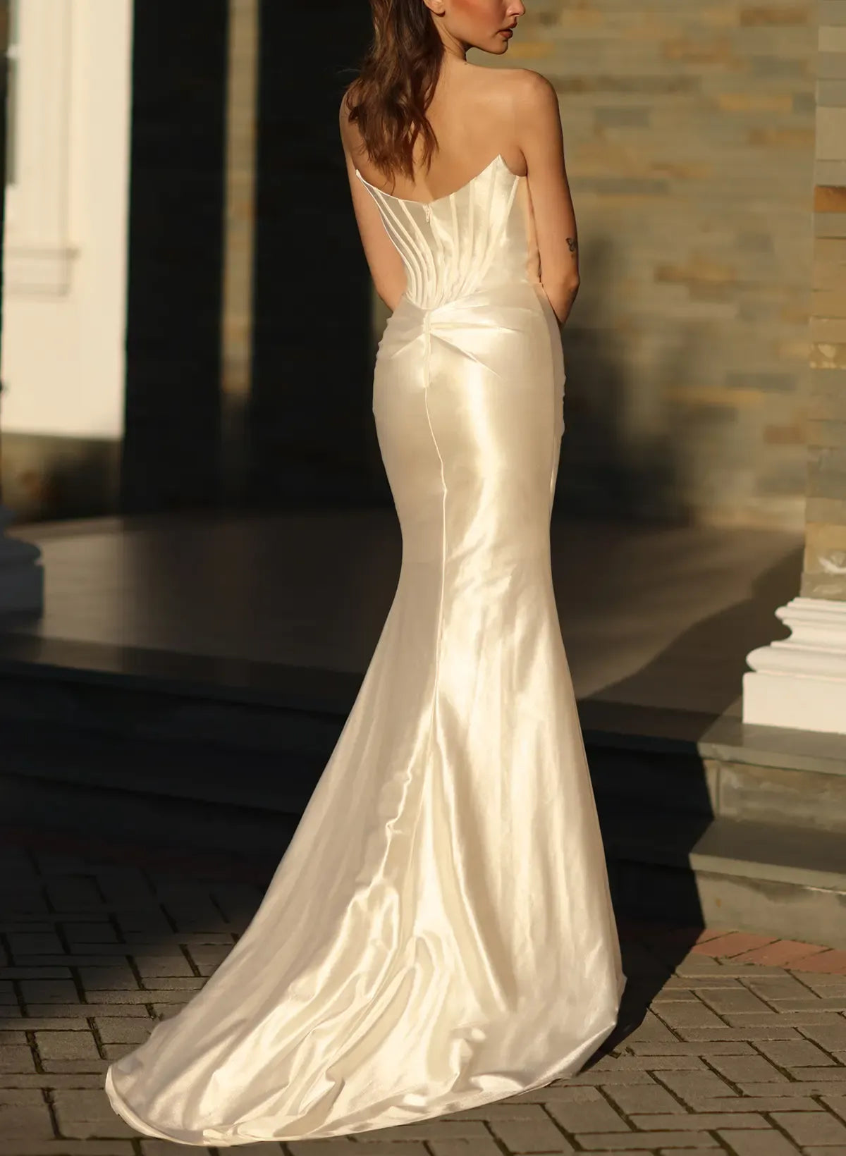 Mermaid Strapless Corset Ruched High Slit Ivory Prom Dress With Train No Veils