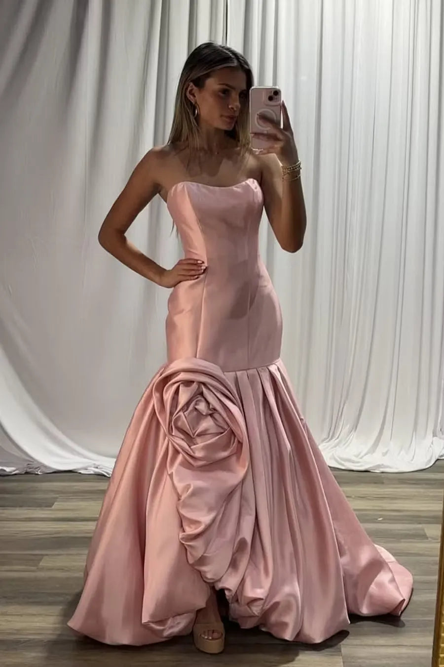 Mermaid Strapless Rose Applique Satin Pink Floor Length Prom Dress With Bubble Hem