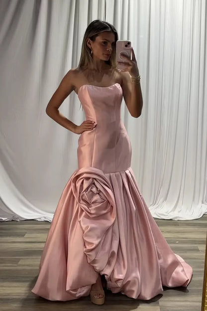 Mermaid Strapless Rose Applique Satin Pink Floor Length Prom Dress With Bubble Hem