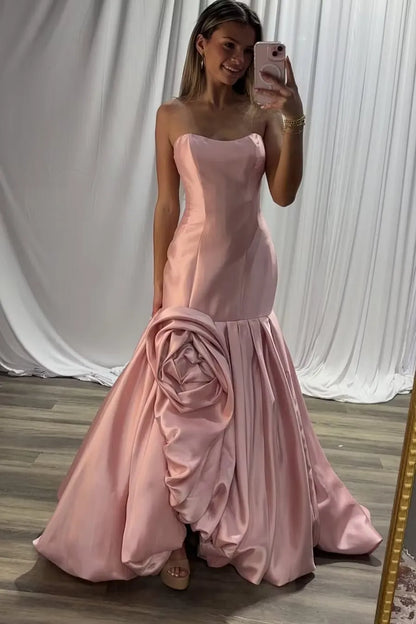 Mermaid Strapless Rose Applique Satin Pink Floor Length Prom Dress With Bubble Hem