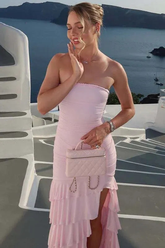 Mermaid Strapless Tiered Ruffle Ruched Blush Pink Floor-Length Prom Dress With Slit