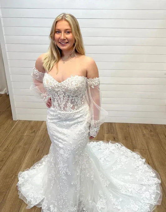 Mermaid Sweetheart Lace Vintage Wedding Gown With Detachable Sleeves