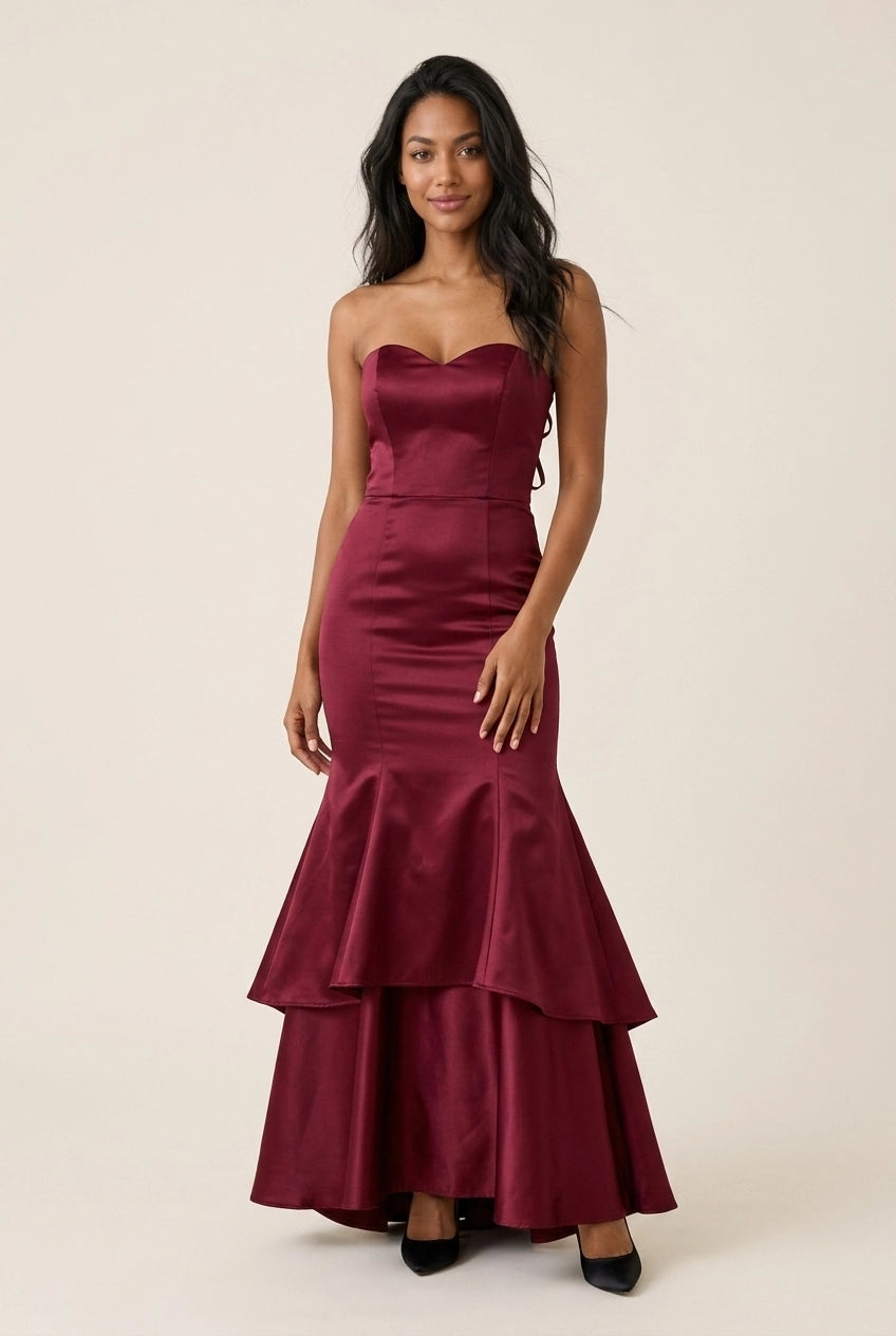Mermaid Sweetheart Neck Tiered Ruffle Satin Burgundy Floor-Length Prom Dress
