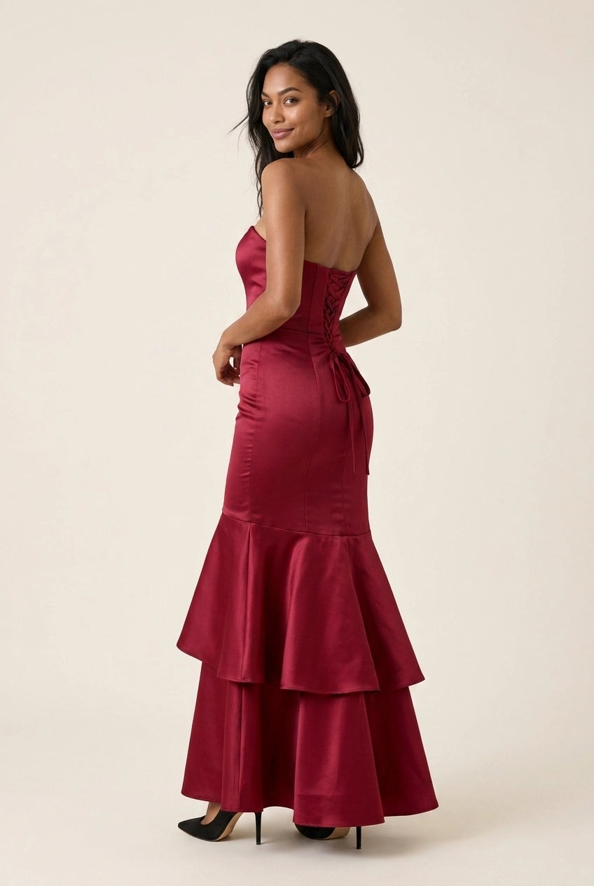 Mermaid Sweetheart Neck Tiered Ruffle Satin Burgundy Floor-Length Prom Dress