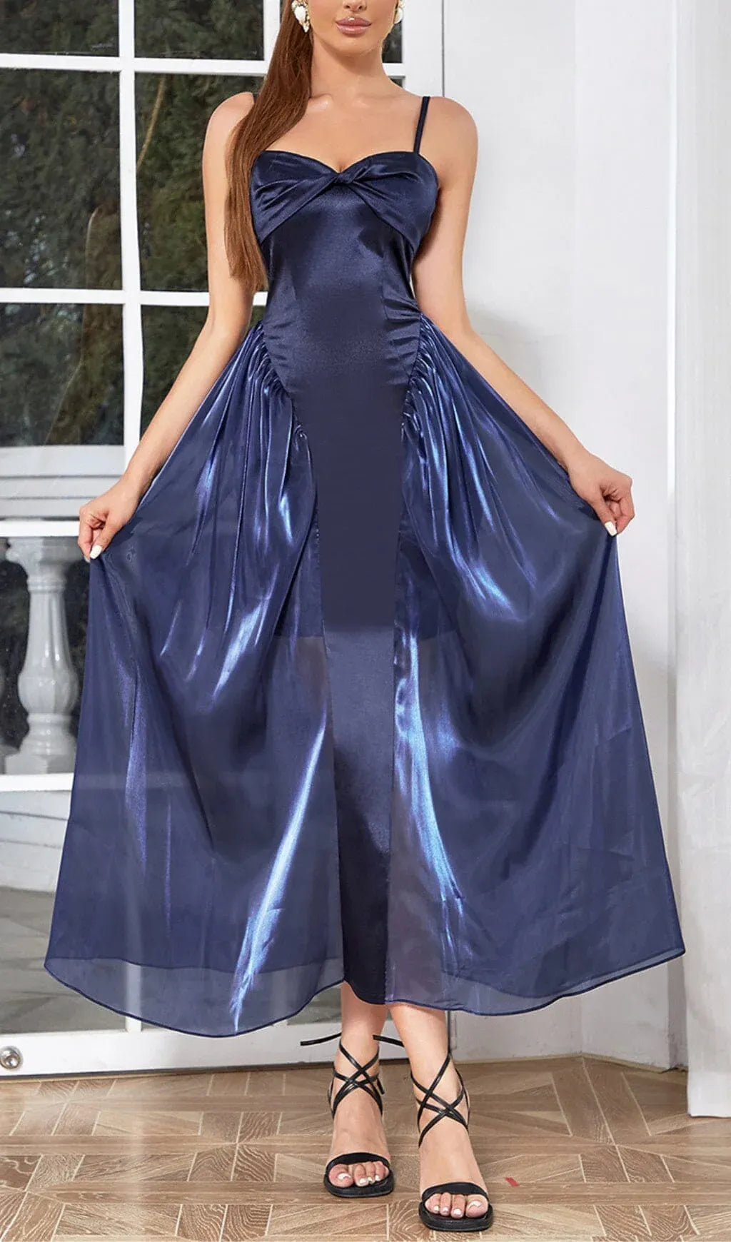 Mermaid Sweetheart Spaghetti Strap Twist Navy Layered Floor Length Prom Dress