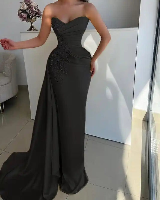 Mermaid / Trumpet Evening Gown Elegant Dress Formal Wedding Floor Length Sleeveless Strapless Champagne Mother Of the Bride Dress Satin with Rhinestone Glitter Ruched