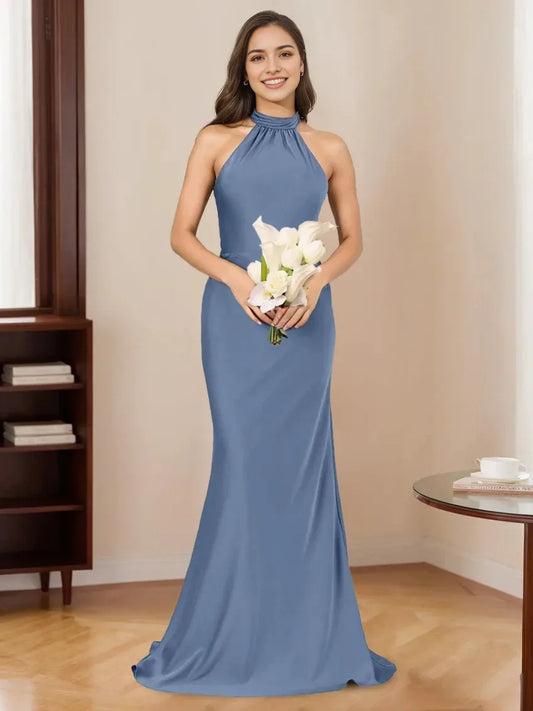 Mermaid Trumpet Halter Sleeveless Floor-Length Bridesmaid Dresses