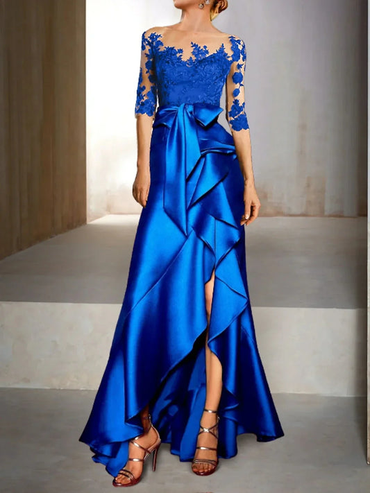 Mermaid Trumpet Jewel Neck Half Sleeves Floor-Length Mother of the Bride Dresses With Appliques & Bow(s)
