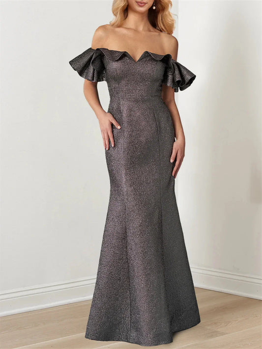 Mermaid Trumpet Off-the-Shoulder Ruffle Sleeves Floor-Length Mother of the Bride Dresses