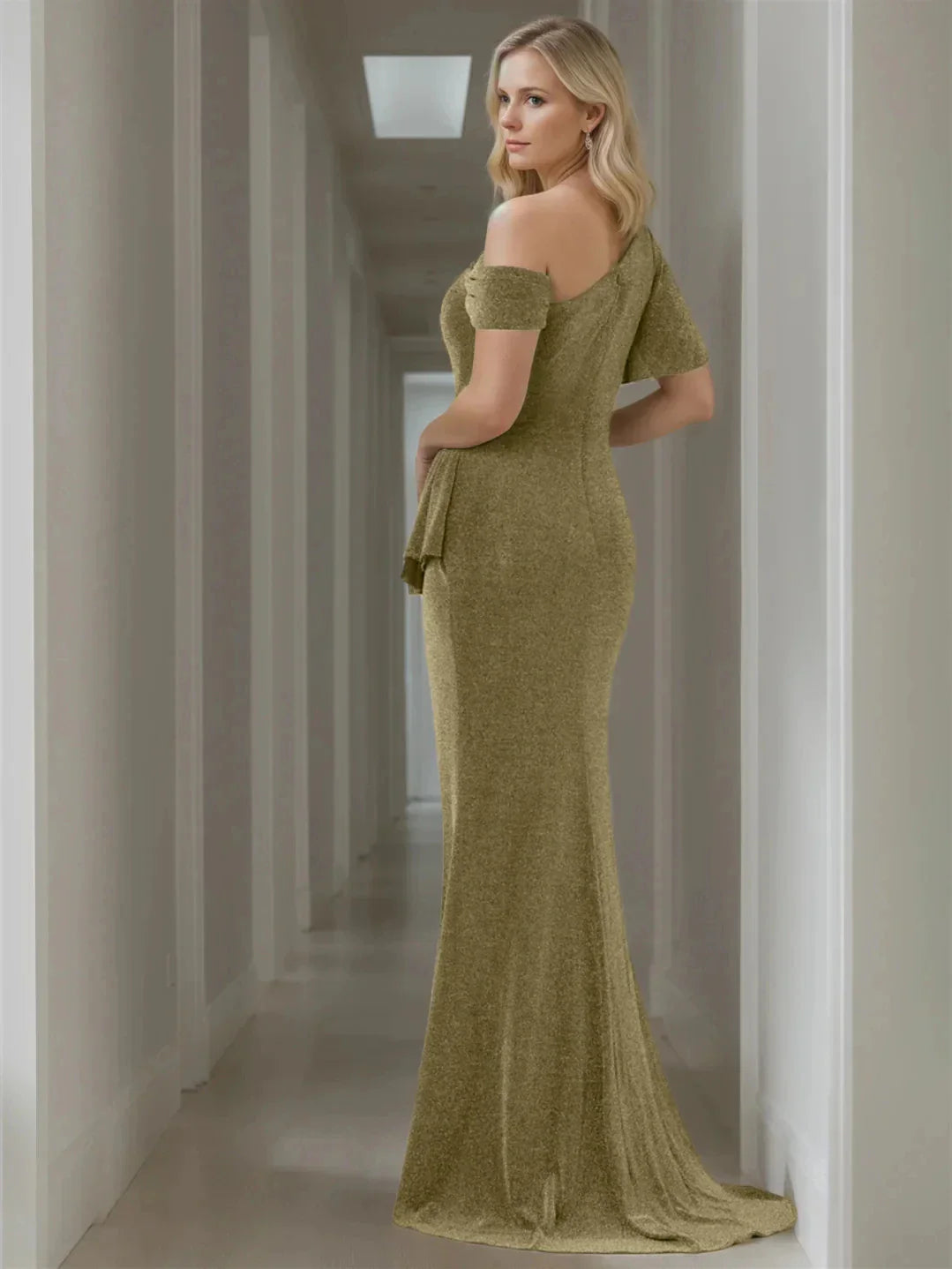 Mermaid Trumpet Off-the-Shoulder Short Sleeve Floor-Length Mother of the Bride Dresses With Pure Color