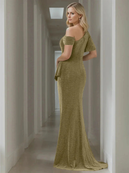 Mermaid Trumpet Off-the-Shoulder Short Sleeve Floor-Length Mother of the Bride Dresses With Pure Color