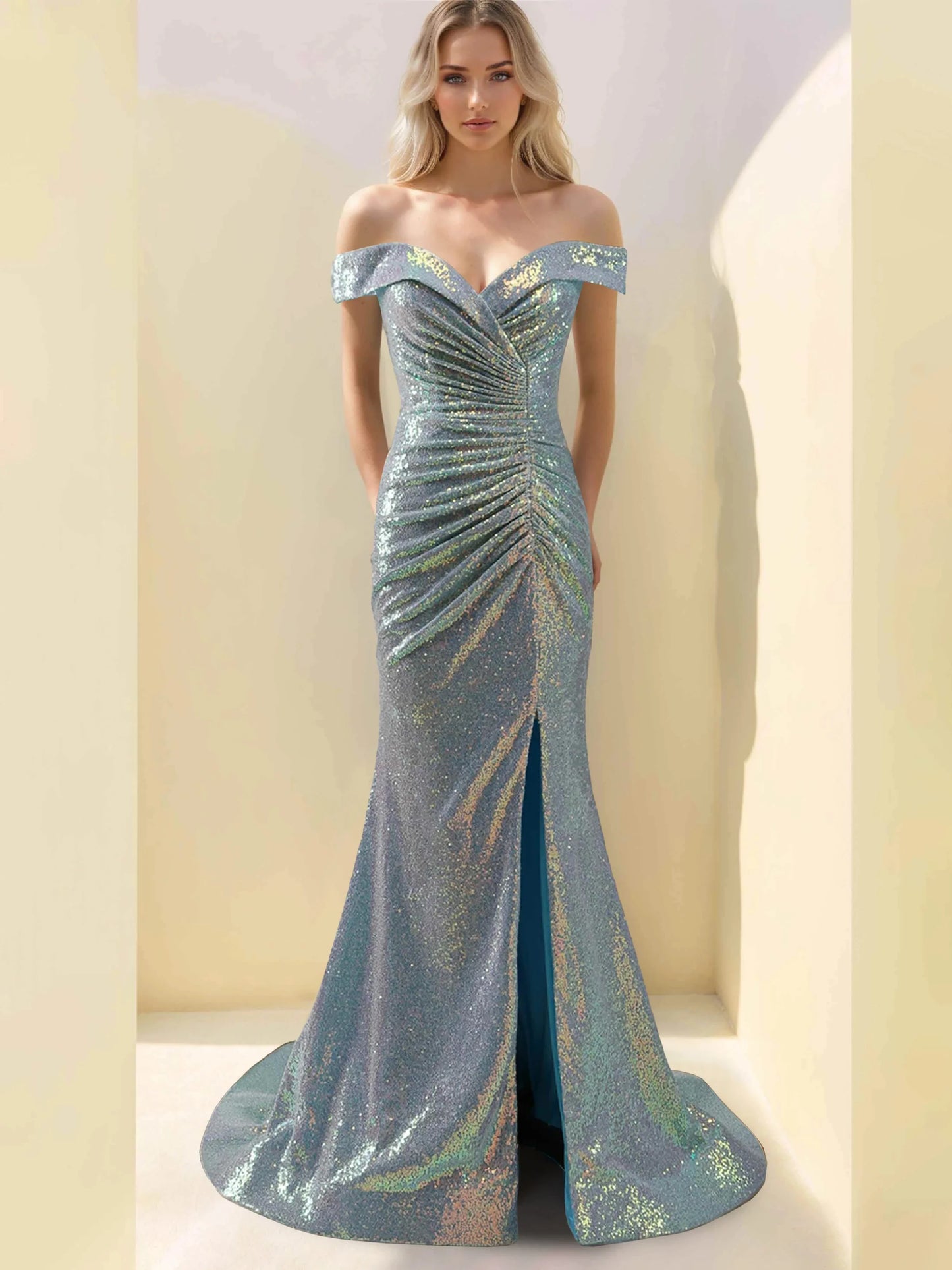 MermaidTrumpet Off-the-Shoulder Sleeveless Floor-Length Long Mother of the Bride Dresses with Split Side,Sequins & Ruffles