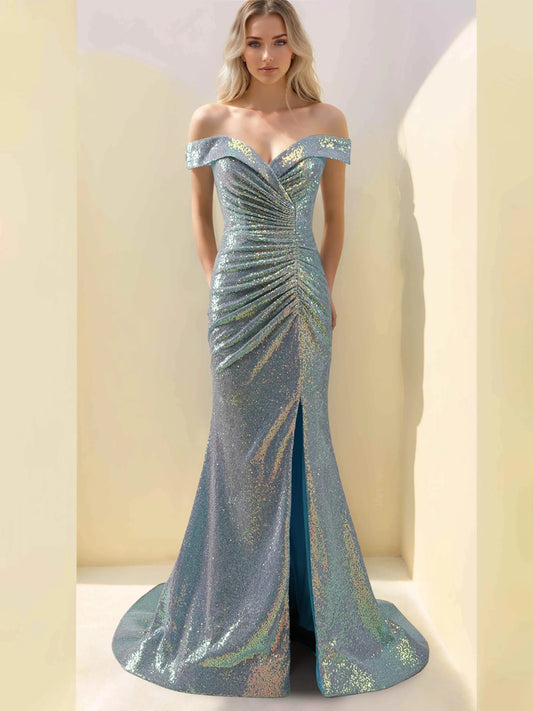 MermaidTrumpet Off-the-Shoulder Sleeveless Floor-Length Long Mother of the Bride Dresses with Split Side,Sequins & Ruffles